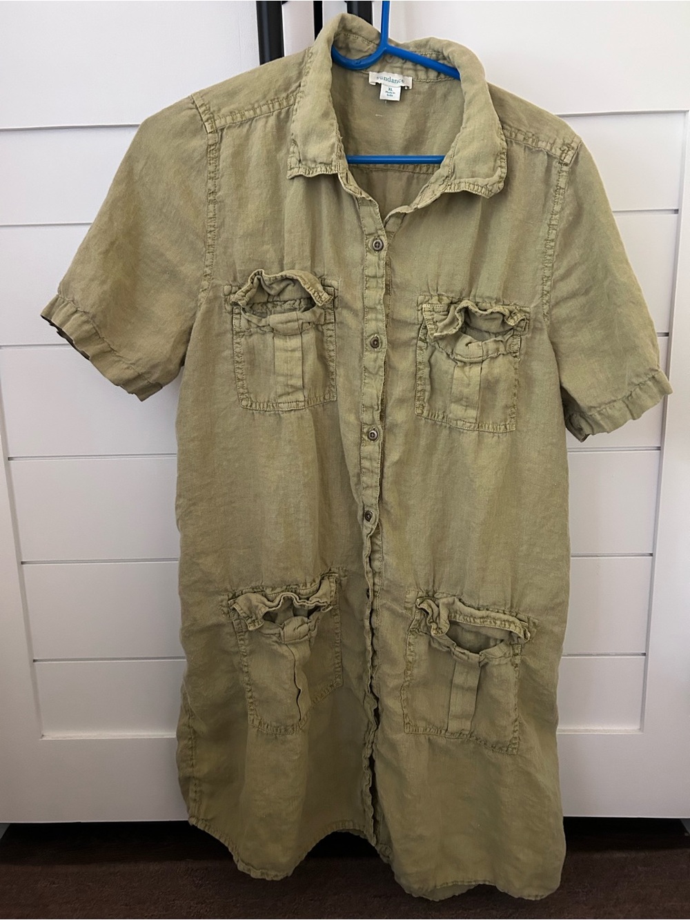 Sundance Olive Harper 100% Linen Shirt Dress Button Collared Short Sleeve XL - Picture 2 of 9
